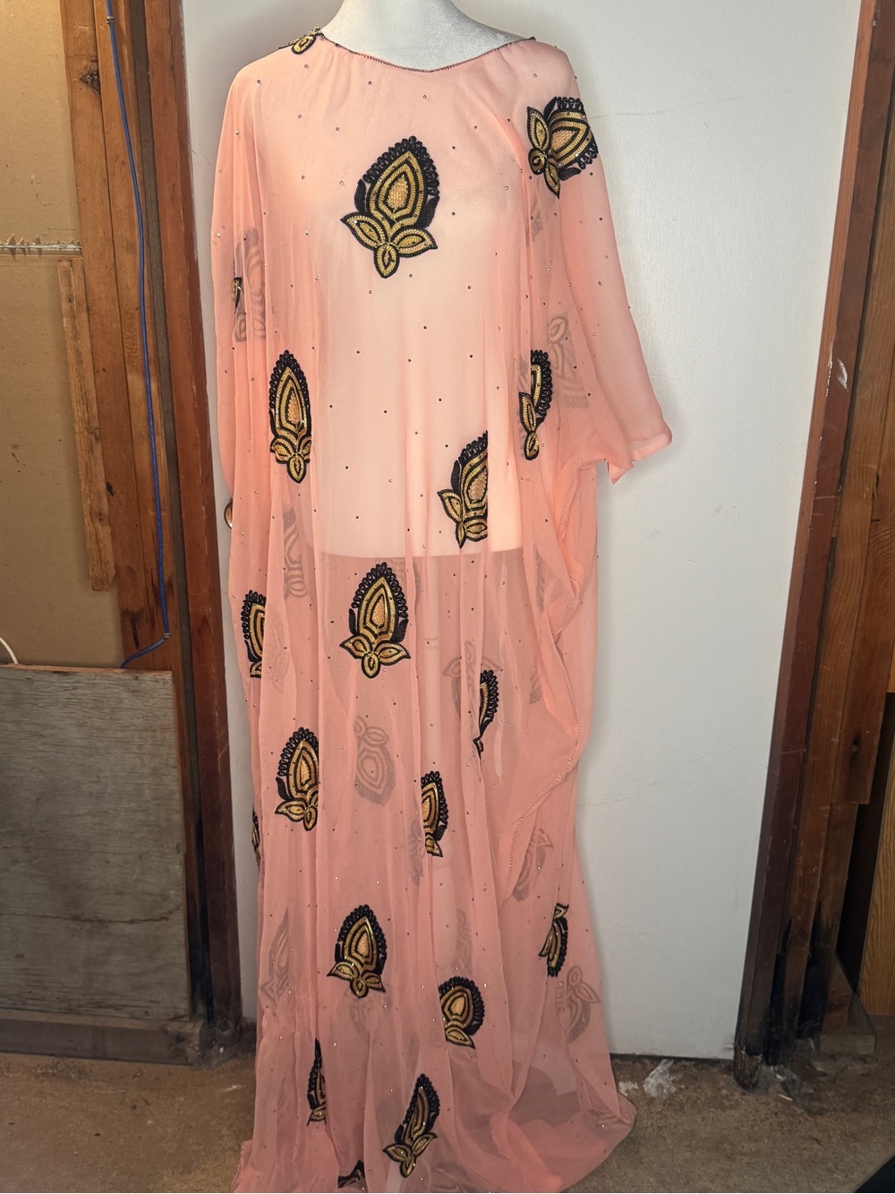 Embellished Sheer Peach Kaftan with Gold & Black Motifs